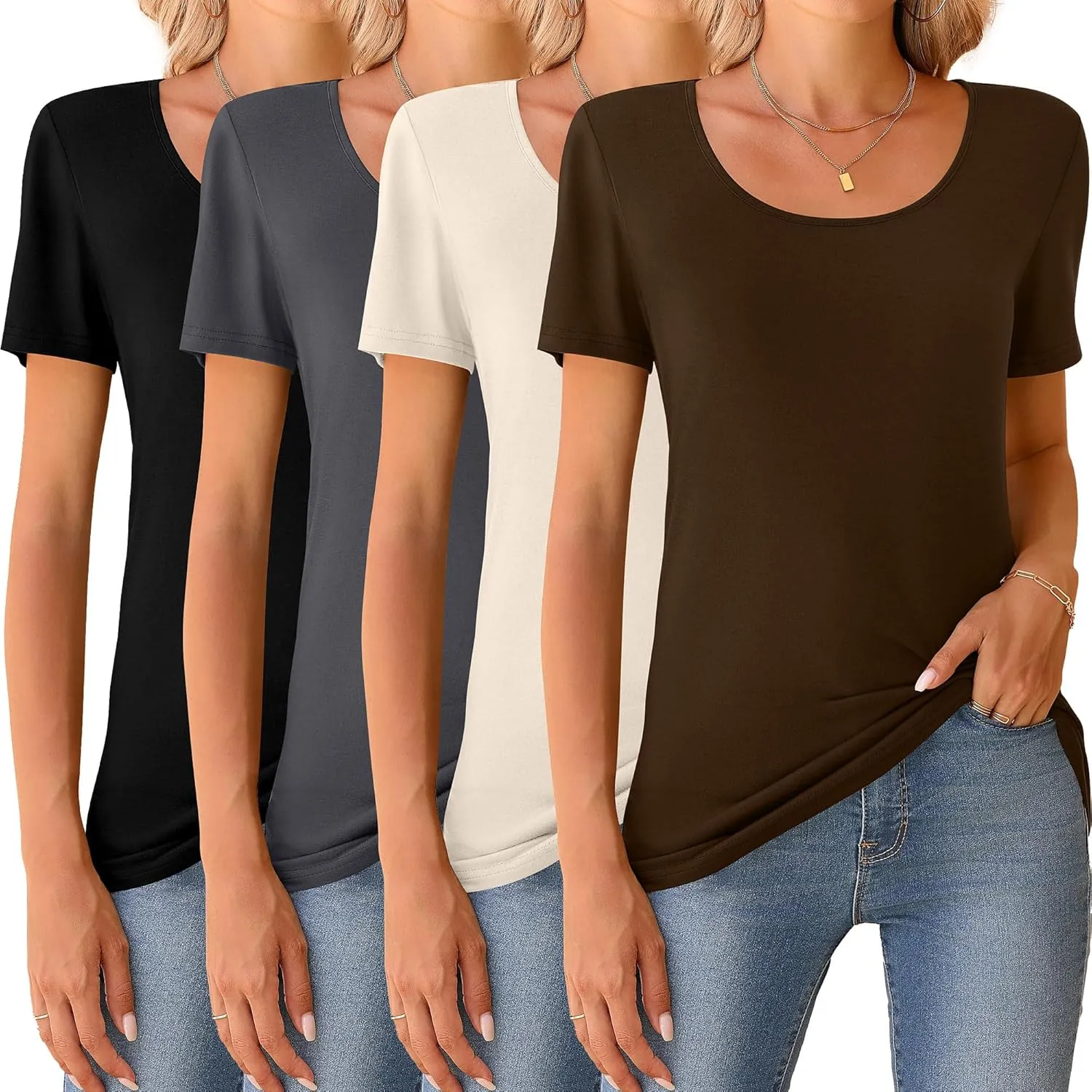 Riyiper 4 Pcs Womens Short Sleeve Shirts Scoop Neck Basic Casual T Shirts Women Basic Light Weight Layer Summer Tees