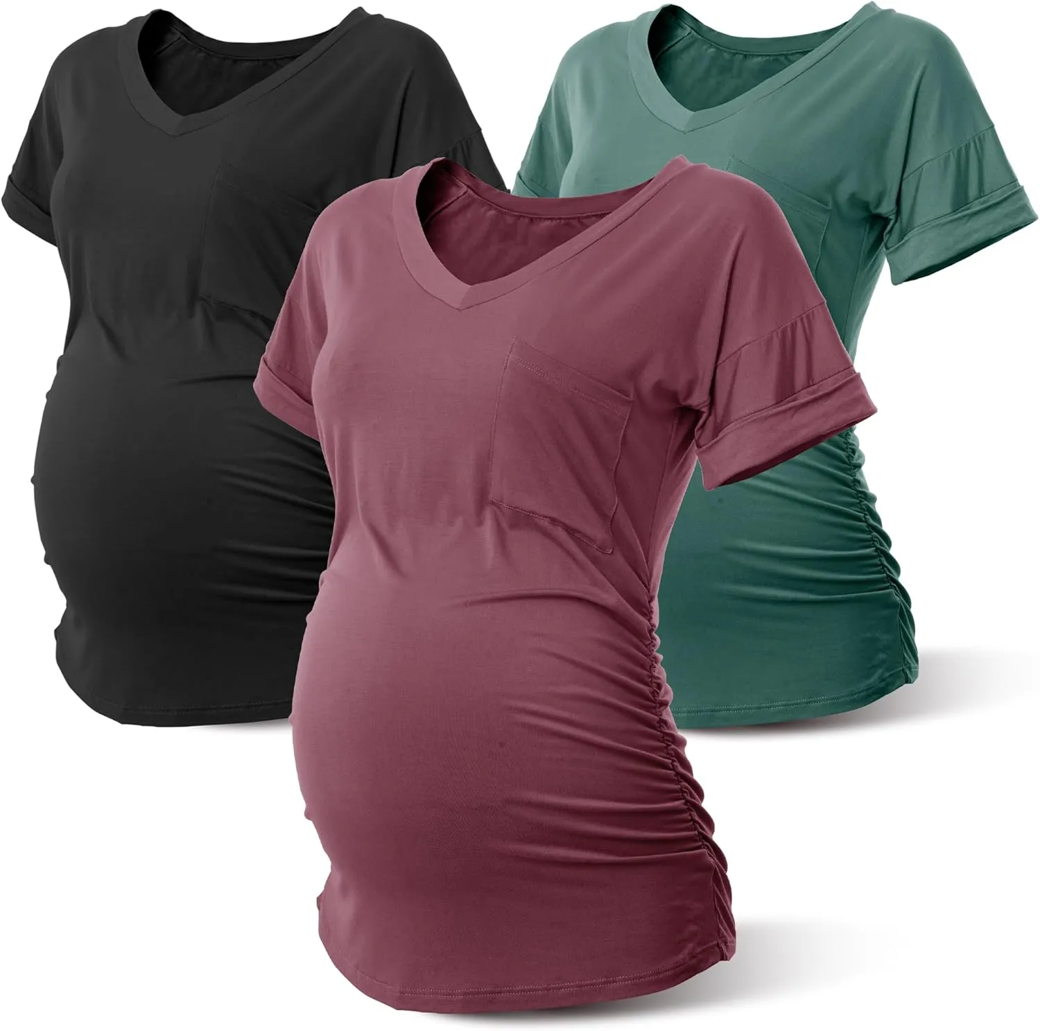 Rnxrbb Long Enough Maternity Shirts Short Sleeve Summer Pregnancy Tops& Tees Clothes V Neck Casual Outfits for Women 3 Pack