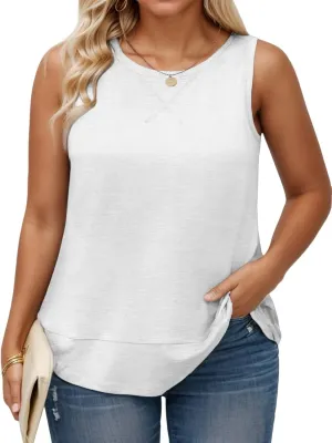 ROSRISS Plus Size Tank Tops for Women Summer Sleeveless T Shirts Loose Fit Crew Neck Tees Flowy Curved Hem Blouses XL-5XL