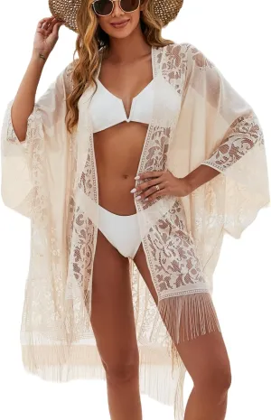Sexy Elegant Lace Kimono Beach Cover Up for Women, Bathing Suit Cover Up, Open Front Swimsuit Coverup for Poolside, Seaside