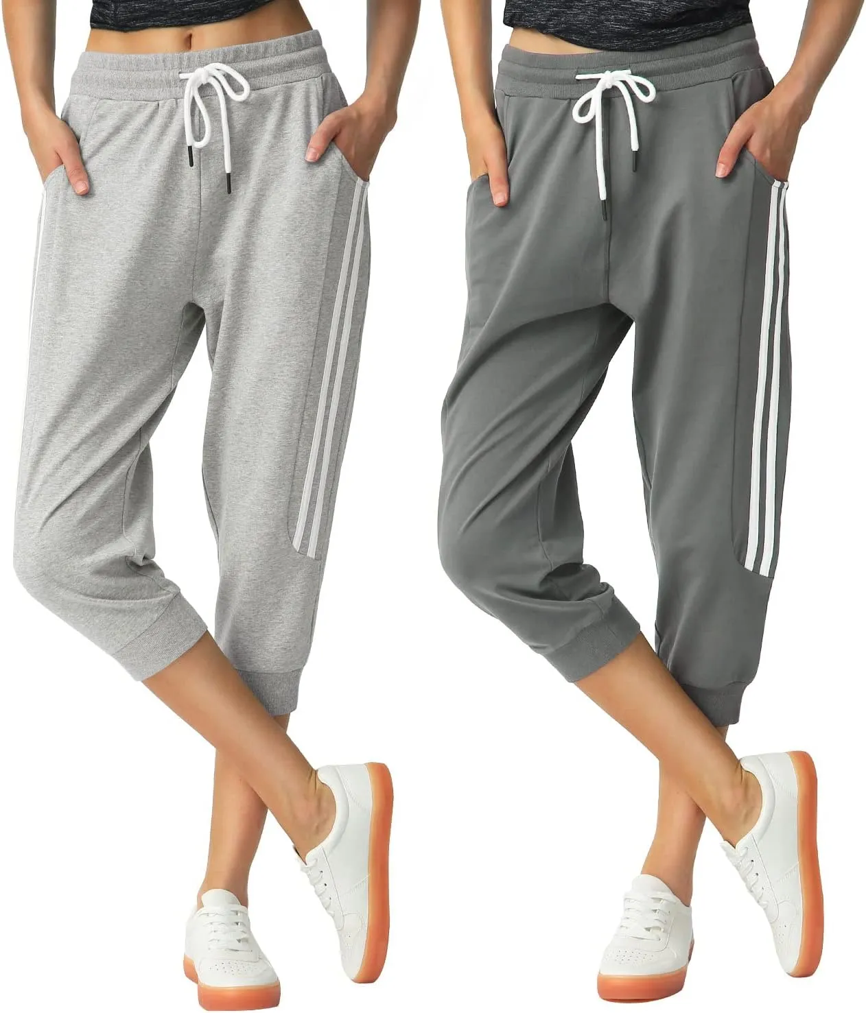 SPECIALMAGIC Women's 2 Pack Capri Pants Cropped Joggers with Pockets Capri Sweatpants