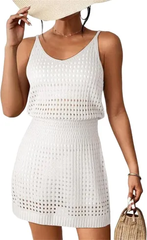 Summer Crochet Hollow Out Knit Beach Bathing Suit Swim Cover Ups for Women Sleeveless Vacation Dresses Outfits