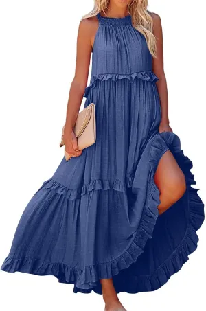 Summer Dresses for Women 2024 Halter Tie Back Ruffle Tiered Flowy Swing Dress Sleeveless Party Maxi Dress Sundress