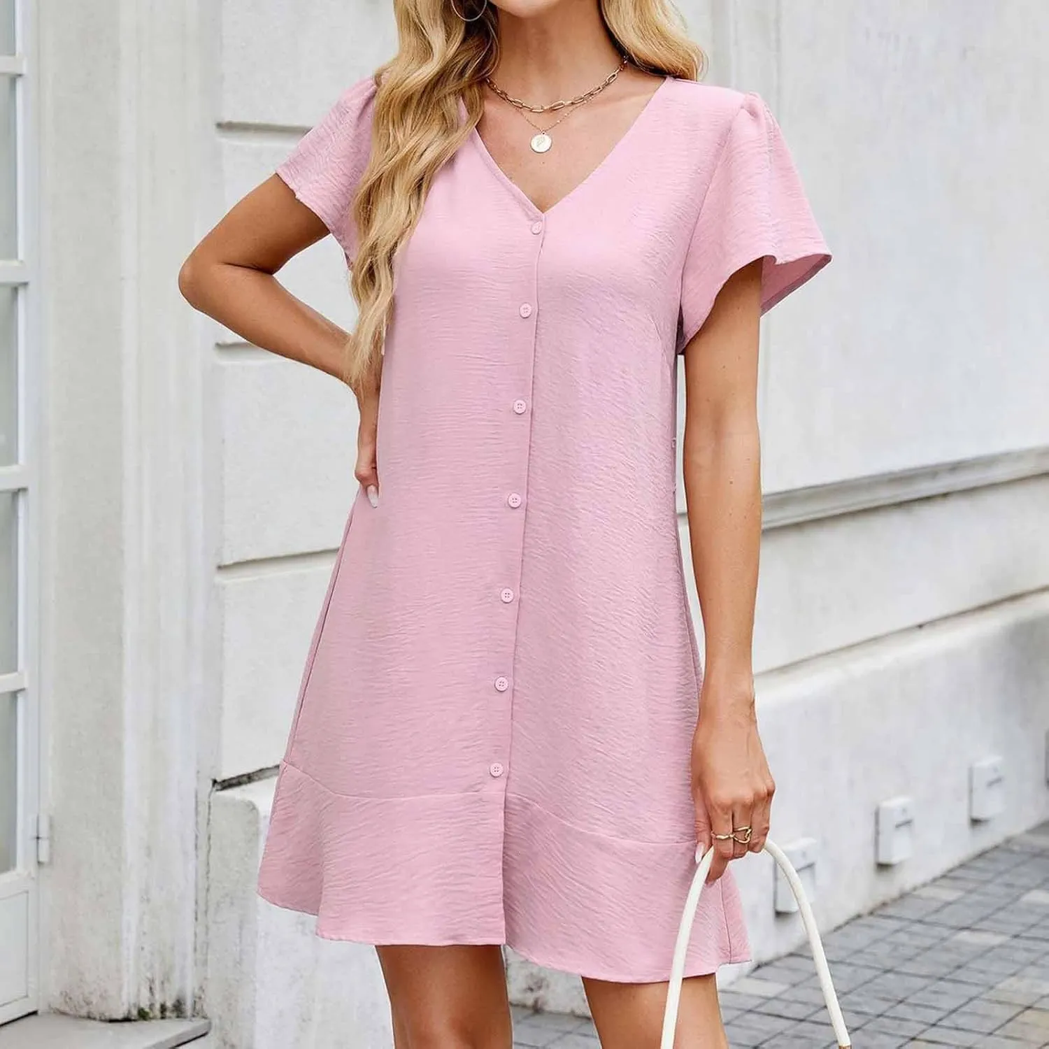 Summer Dresses for Women 2025 Trendy Short Sleeves Button V-Neck Casual Belt Side Split Mini Dress Beach Sundress