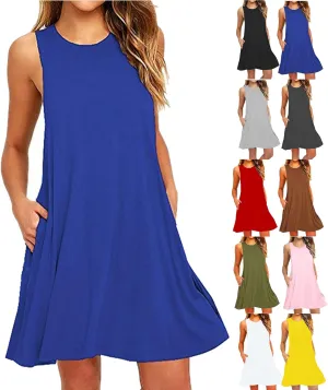Summer Dresses for Women Sleeveless A-Line Beach Sundress Loose Casual Tank Dresses Tshirt Dress with Pockets