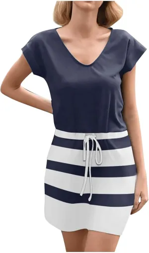 Summer Dresses for Women Tie Front A-Line Double Layer Hem Mini Dresses Beach Work Casual Sundress with Pockets