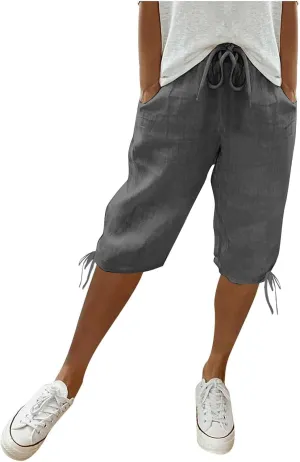 Summer Plus Size Capris for Women Knee Length Cotton Linen Elastic Waist Drawstring Bermuda Shorts with Pockets