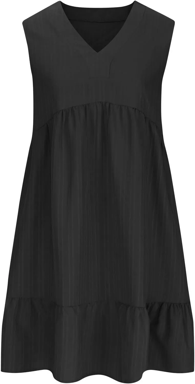 Sundresses for Women 2025 Casual Summer Beach Vacation Hawaiian Dress Pleated V Neck Tunic A Line Flowy Mini Dresses