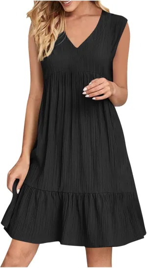 Sundresses for Women 2025 Casual Summer Beach Vacation Hawaiian Dress Pleated V Neck Tunic A Line Flowy Mini Dresses