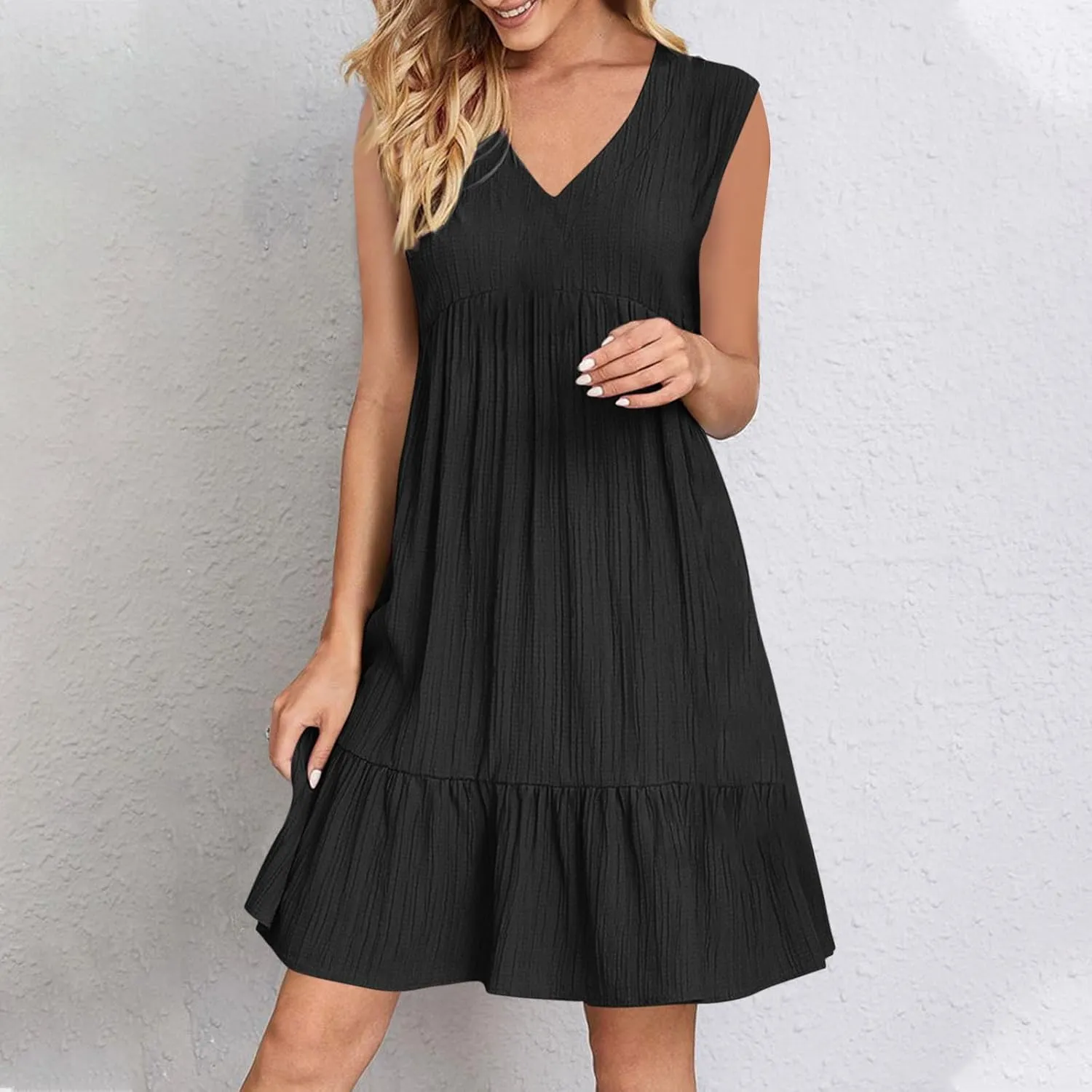 Sundresses for Women 2025 Casual Summer Beach Vacation Hawaiian Dress Pleated V Neck Tunic A Line Flowy Mini Dresses