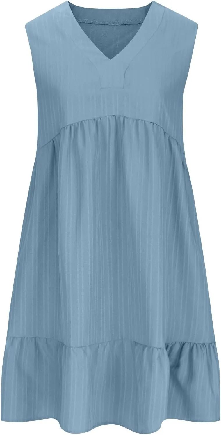 Sundresses for Women 2025 Casual Summer Beach Vacation Hawaiian Dress Pleated V Neck Tunic A Line Flowy Mini Dresses