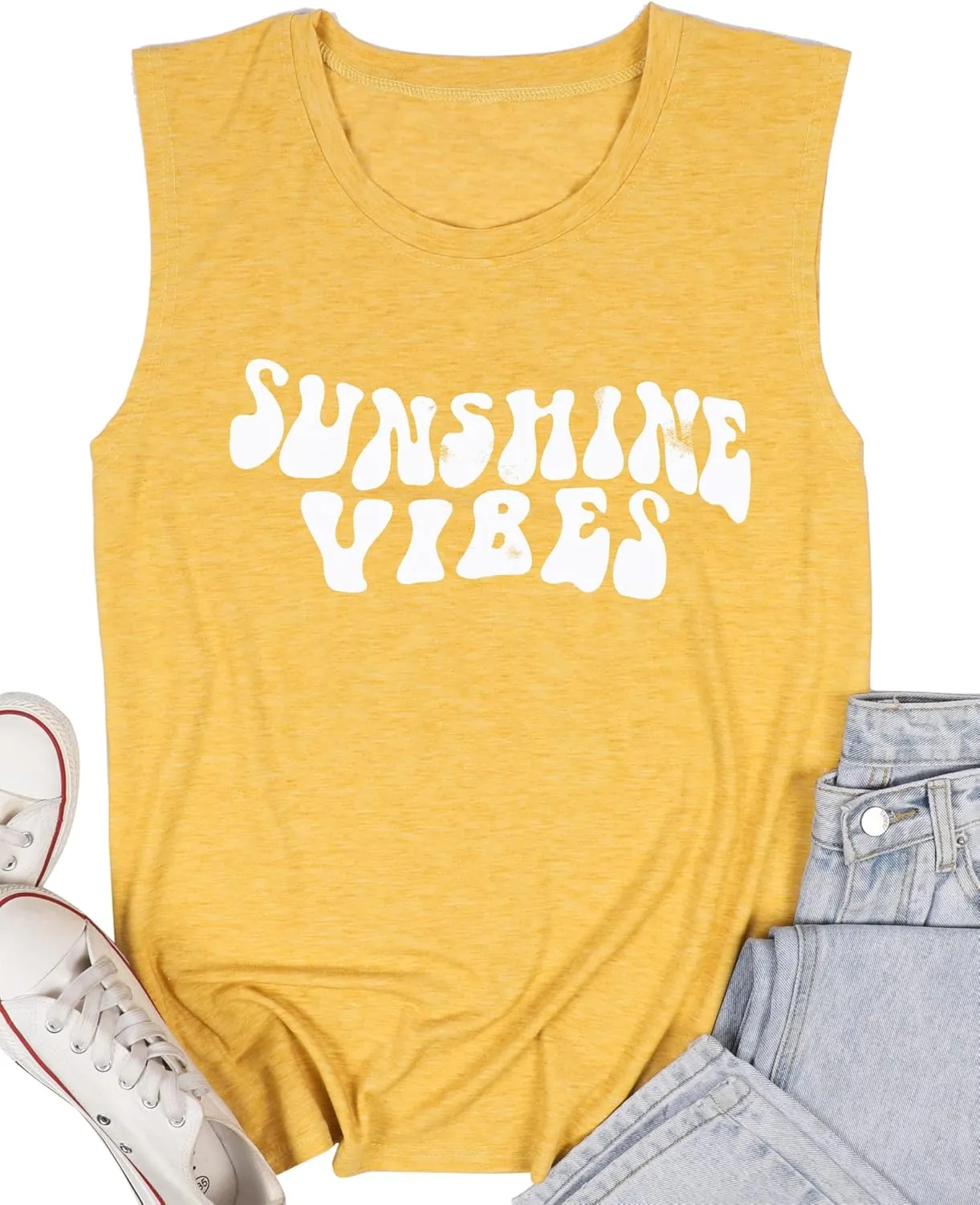 Sunshine Vibes Letter Print Vest T Shirt Women's Summer Sleeveless Graphic Tank Tops Casual Loose Workout Tees