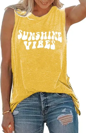 Sunshine Vibes Letter Print Vest T Shirt Women's Summer Sleeveless Graphic Tank Tops Casual Loose Workout Tees