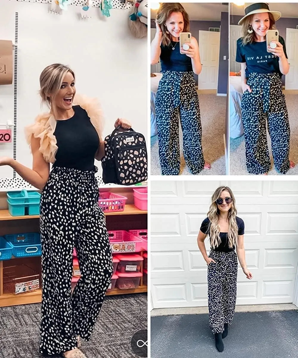 SySea Womens High Waisted Leopard Print Palazzo Pants Belted Wide Leg Long Trousers with Pockets