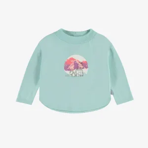 T-shirt bleu à manches longues avec illustration d’igloo en jersey, bébé || Blue t-shirt with long sleeves with igloo illustration in jersey, baby