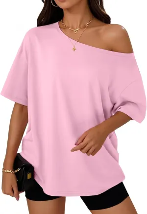 Trendy Queen Womens Off The Shoulder Tops Oversized T-Shirts Short Sleeve Tees Summer 2025 Casual Spring Fashion Clothes