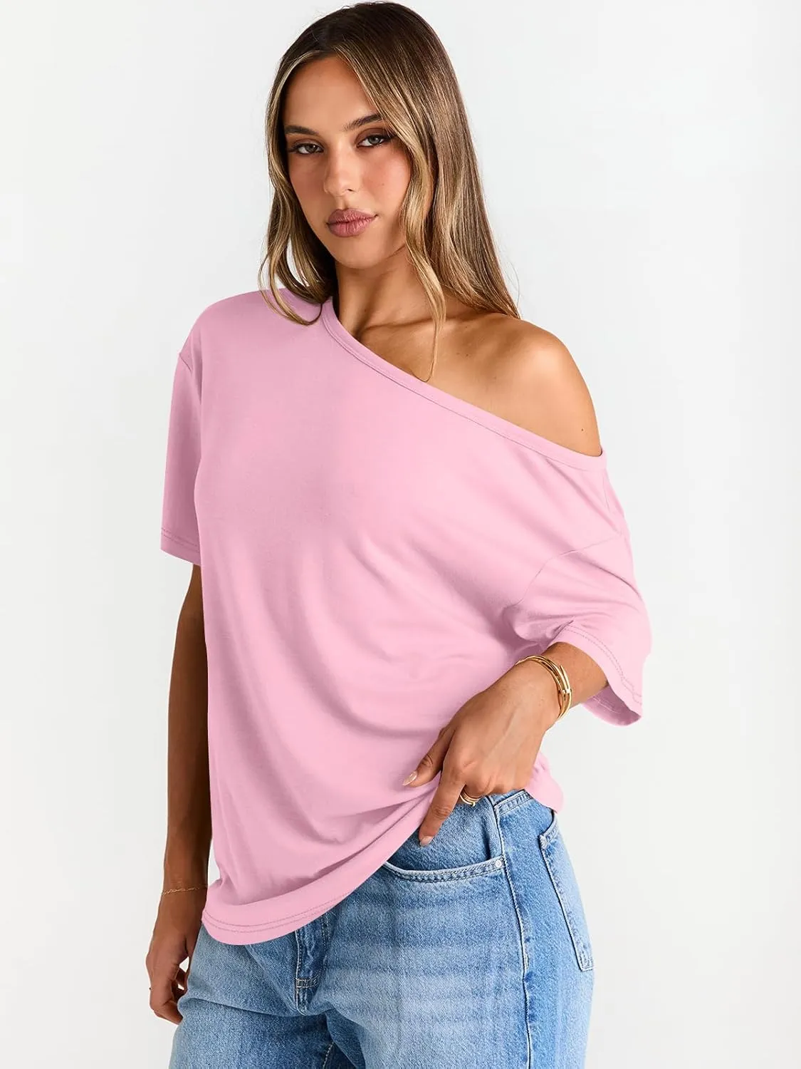 Trendy Queen Womens Off The Shoulder Tops Oversized T-Shirts Short Sleeve Tees Summer 2025 Casual Spring Fashion Clothes