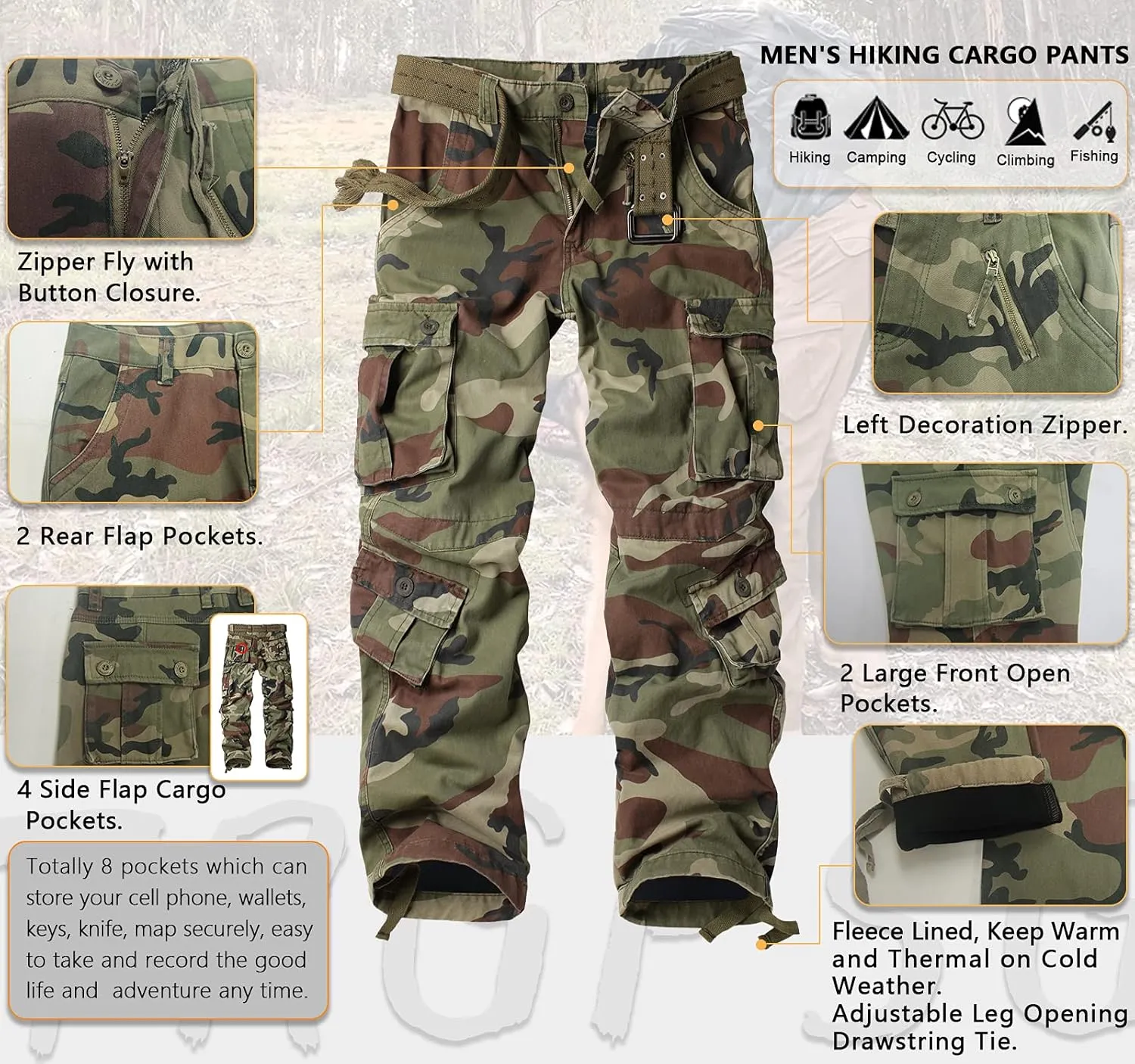 TRGPSG Men's Fleece Lined Hiking Pants, Winter Outdoor Cargo Pants, Work Ski Pants Casual Pants with 8 Pockets