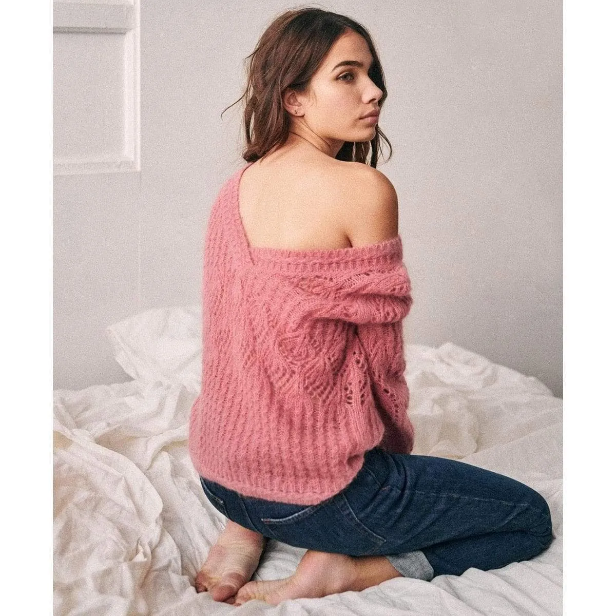 V-Neck Pullover Top Mohair Sweater