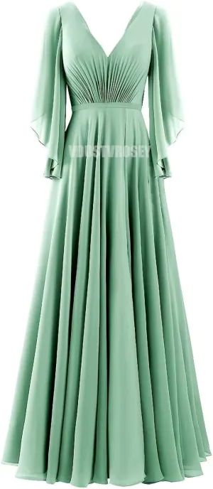 V Neck Slit Flutter Sleeve Bridesmaid Dresses Wedding 2024 Flowy Chiffon Ruched Split Formal Evening Gowns