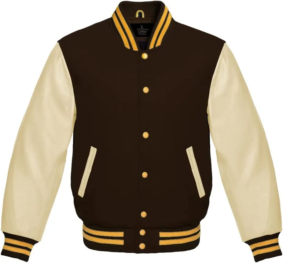 Varsity Jacket Baseball Letterman Bomber Wool & Light Cream Genuine leather Sleeves With Yellow Gold Stripe