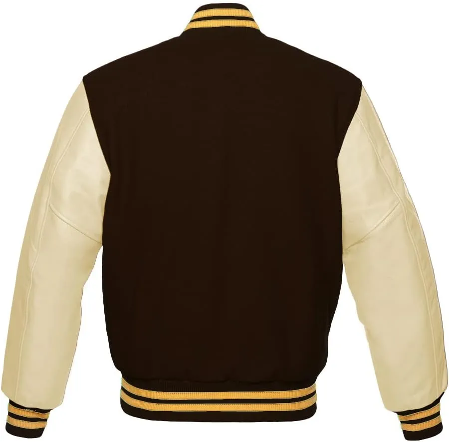 Varsity Jacket Baseball Letterman Bomber Wool & Light Cream Genuine leather Sleeves With Yellow Gold Stripe