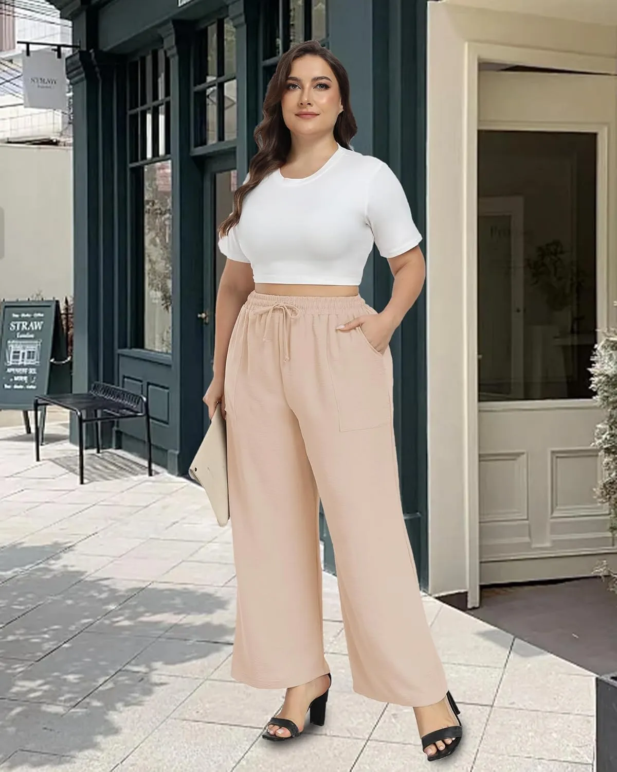 VOGUEMAX Womens Plus Size Wide Leg Pants Summer Casual Pants Loose Fit Flowy High Waisted Trousers with Pockets