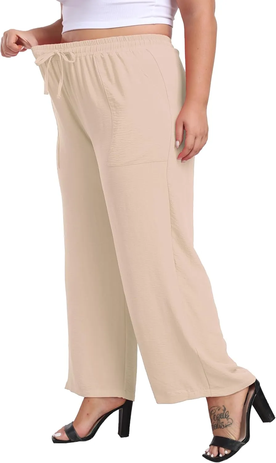 VOGUEMAX Womens Plus Size Wide Leg Pants Summer Casual Pants Loose Fit Flowy High Waisted Trousers with Pockets