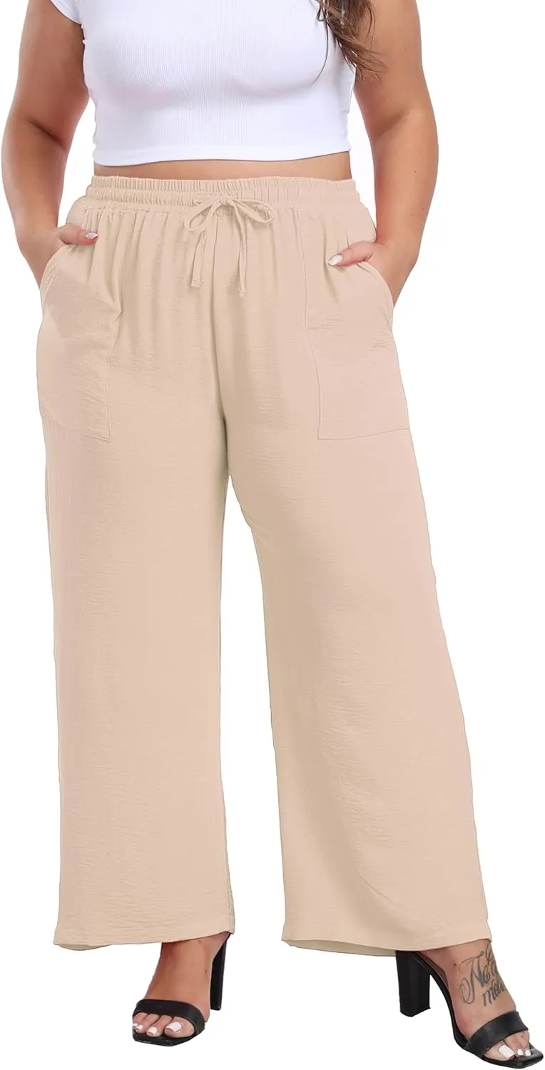 VOGUEMAX Womens Plus Size Wide Leg Pants Summer Casual Pants Loose Fit Flowy High Waisted Trousers with Pockets