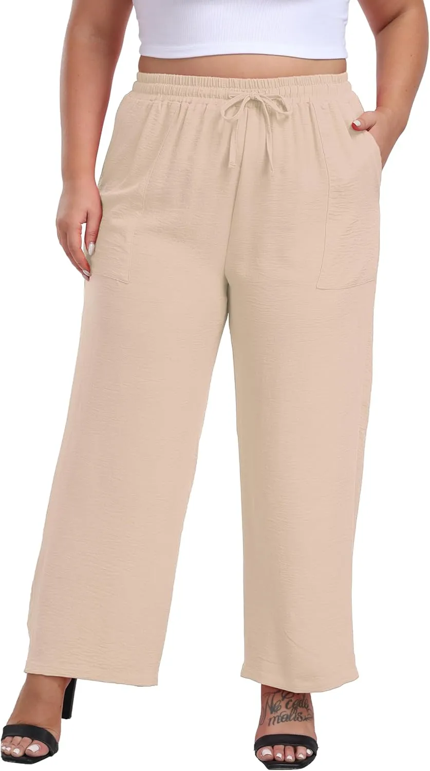 VOGUEMAX Womens Plus Size Wide Leg Pants Summer Casual Pants Loose Fit Flowy High Waisted Trousers with Pockets