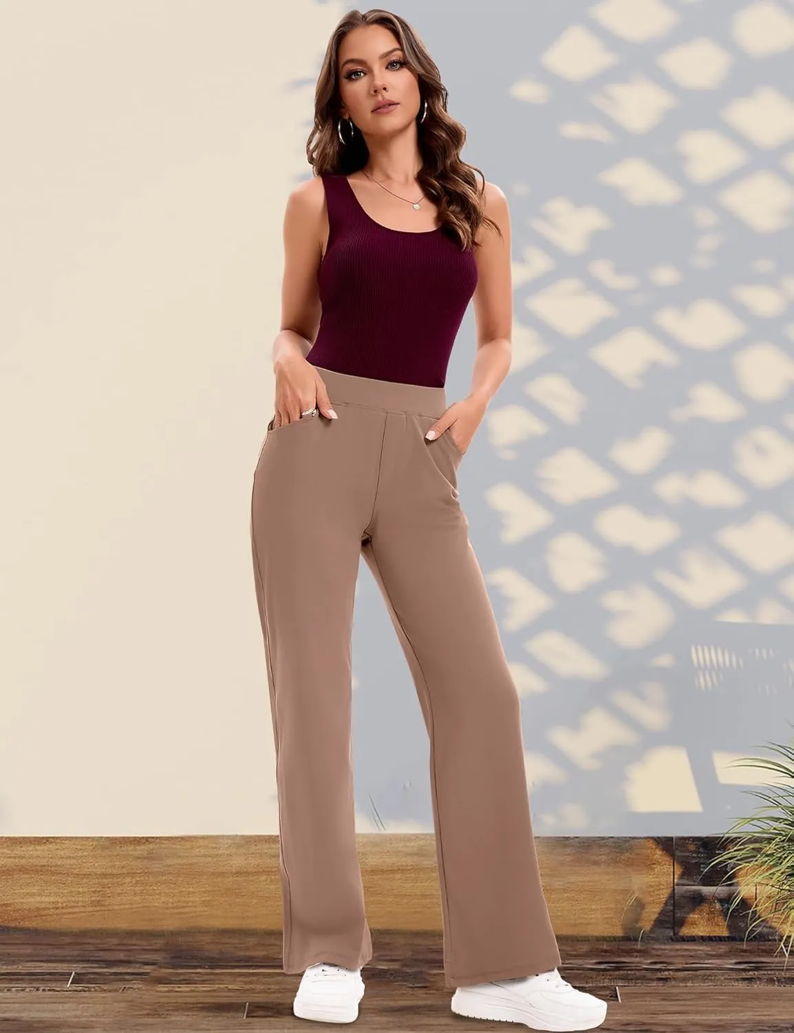 VOOVEEYA Wide Leg Pants for Women, Yoga Pants with Pockets High Waist Casual Straight Dress Pants Petite/Tall/Regular