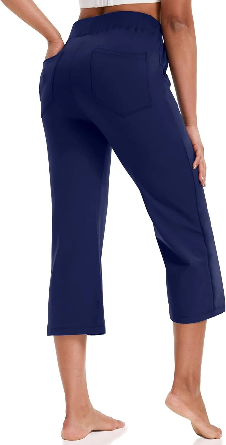 VOOVEEYA Yoga Capri Pants for Women, Crop Leggings with Pockets High Waisted Casual Straight Leg Pants