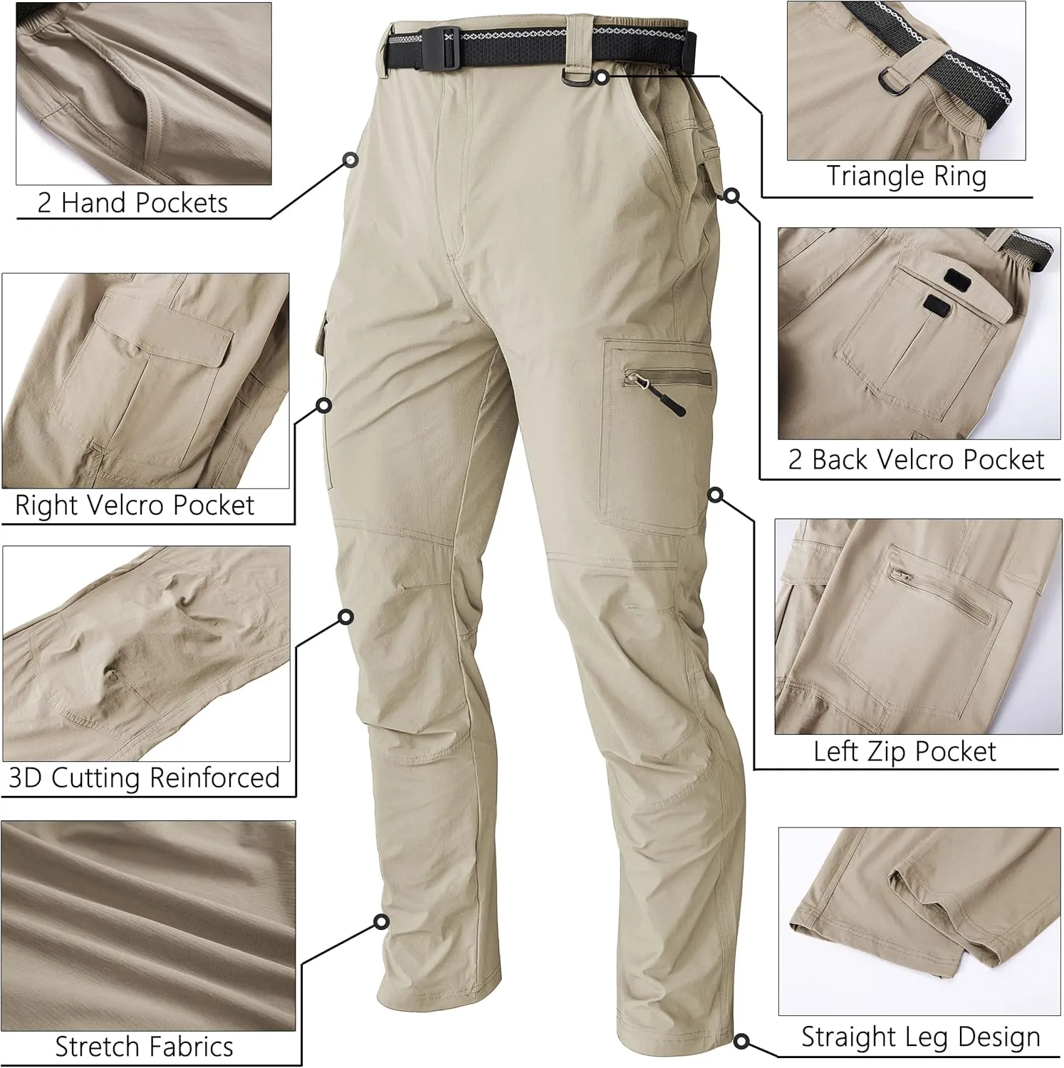 WENRONSTA Men's Hiking Work Cargo Pants Quick-Dry Lightweight Waterproof 6 Pockets Outdoor Mountain Fishing Camping Pants
