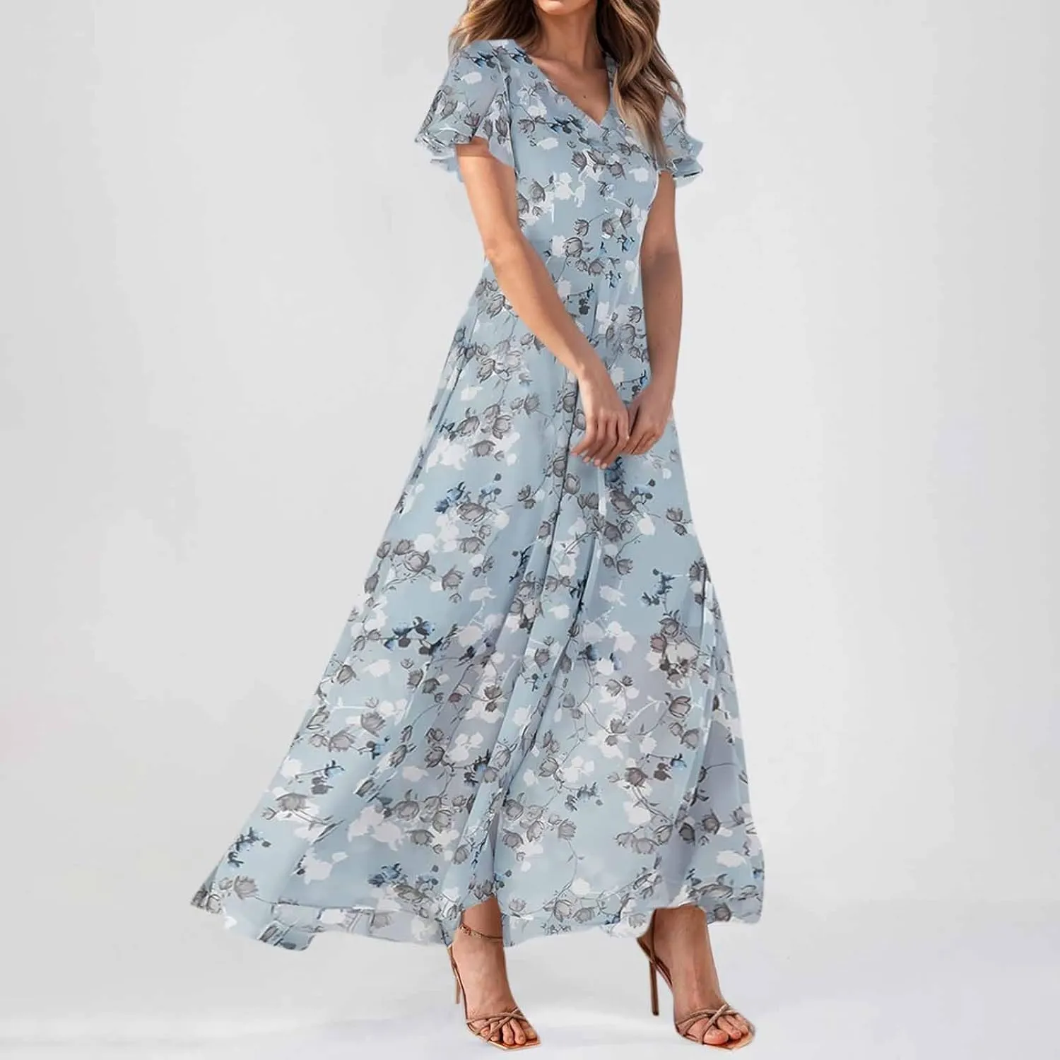 Women Floral Maxi Dress V Neck Flutter Sleeve Long Flowy Chiffon Dresses Casual Summer A Line Garden Party Dresses