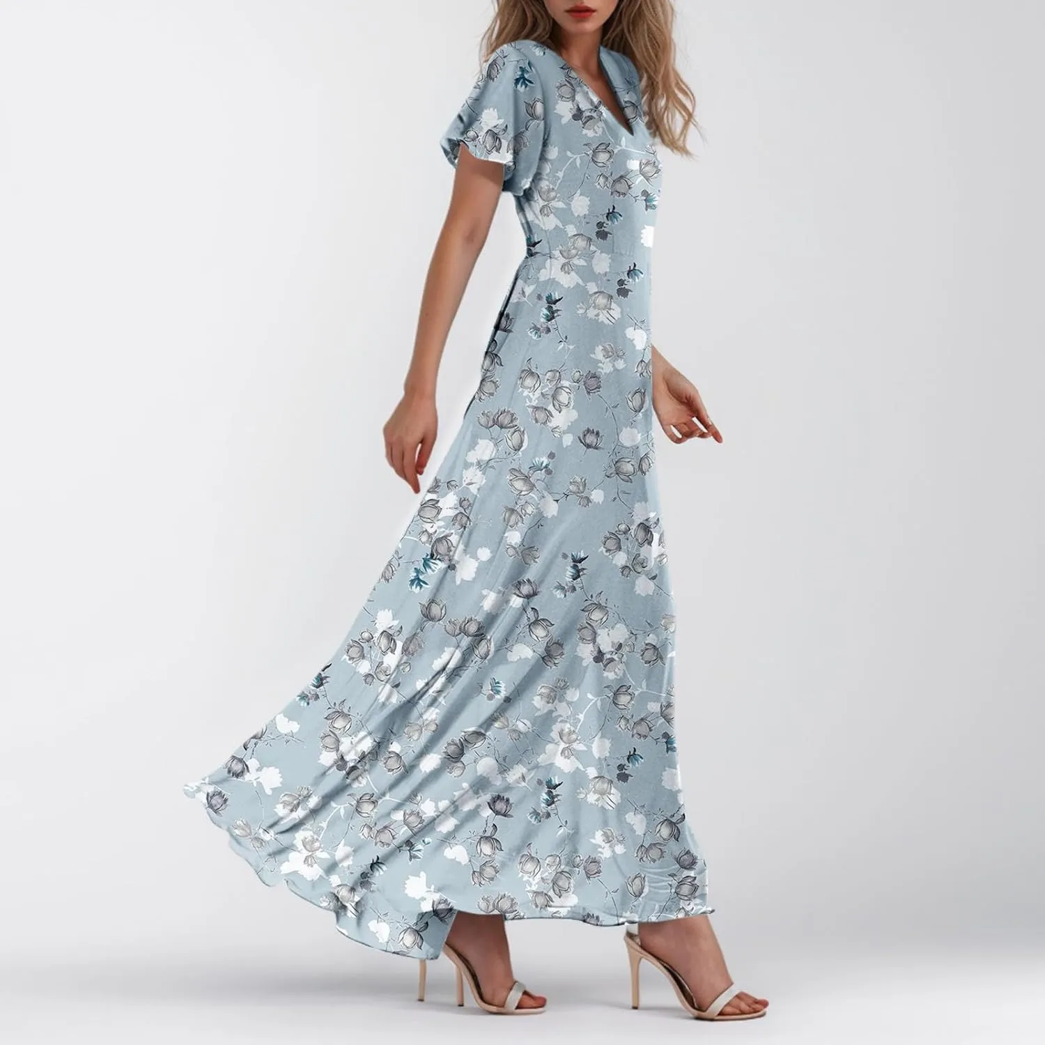 Women Floral Maxi Dress V Neck Flutter Sleeve Long Flowy Chiffon Dresses Casual Summer A Line Garden Party Dresses