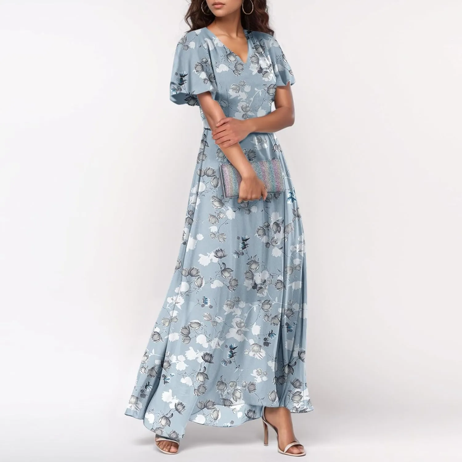 Women Floral Maxi Dress V Neck Flutter Sleeve Long Flowy Chiffon Dresses Casual Summer A Line Garden Party Dresses