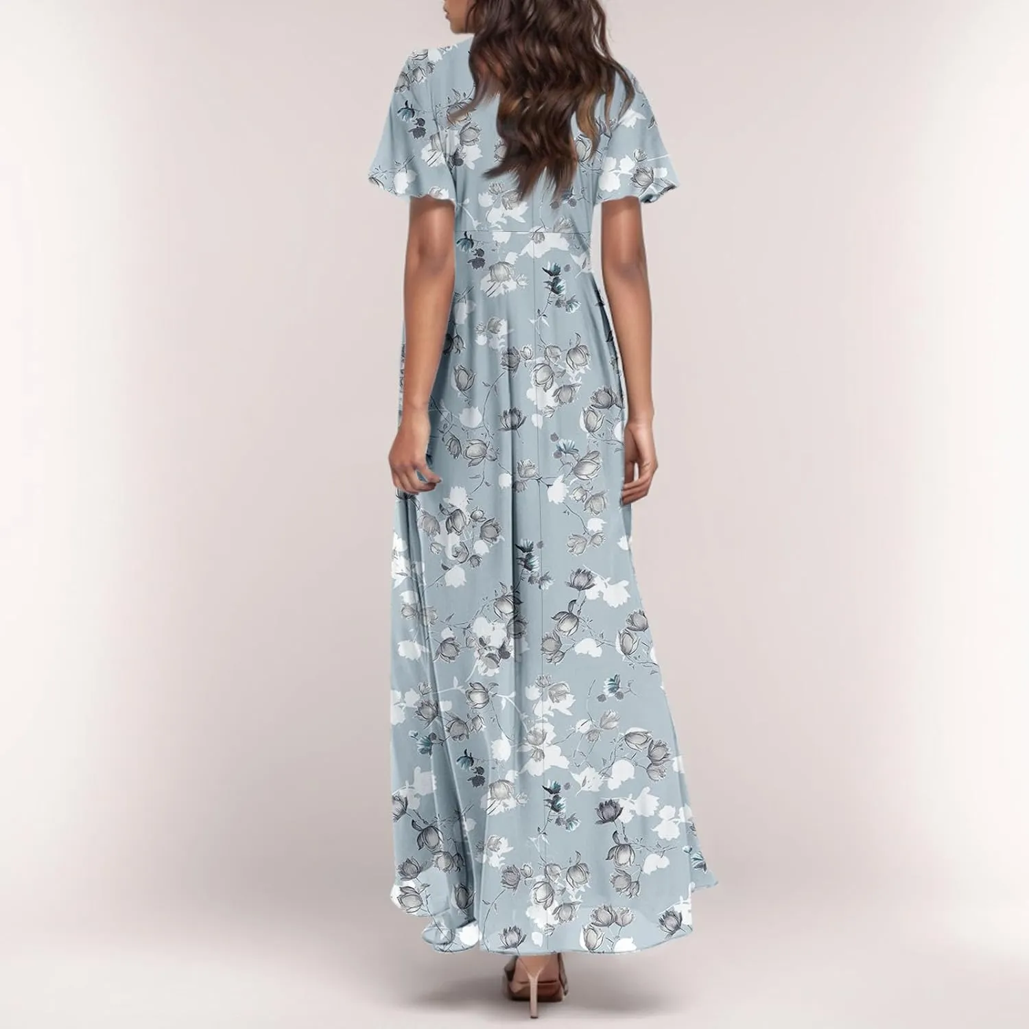 Women Floral Maxi Dress V Neck Flutter Sleeve Long Flowy Chiffon Dresses Casual Summer A Line Garden Party Dresses