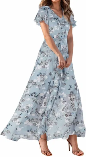 Women Floral Maxi Dress V Neck Flutter Sleeve Long Flowy Chiffon Dresses Casual Summer A Line Garden Party Dresses