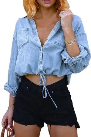 Women's 3/4 Sleeve Solid Colored Cropped Denim Jacket Light Wash Short Jean Jacket Trucker Coat
