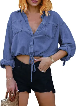 Women's 3/4 Sleeve Solid Colored Cropped Denim Jacket Light Wash Short Jean Jacket Trucker Coat