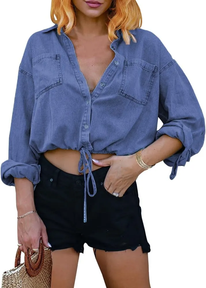 Women's 3/4 Sleeve Solid Colored Cropped Denim Jacket Light Wash Short Jean Jacket Trucker Coat