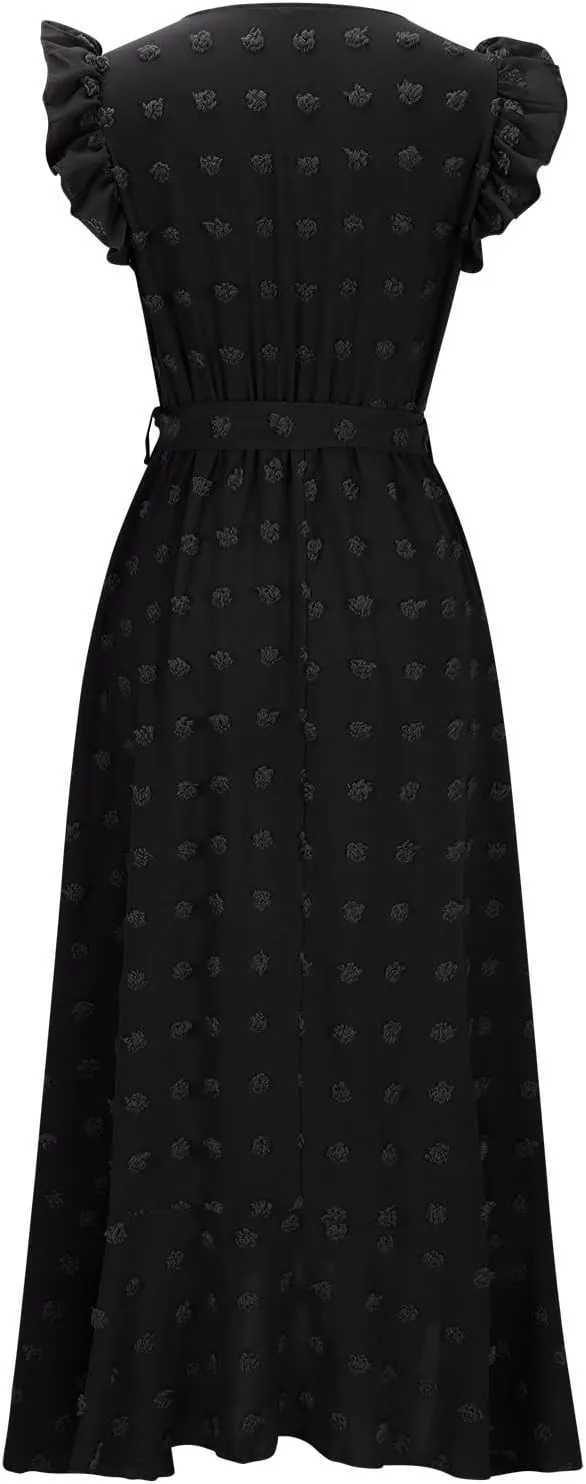 Women's Bohemian Swiss Dot Wrap V Neck Sleeveless Beach Party Maxi Dress Elegant Wedding Guest Sundresses