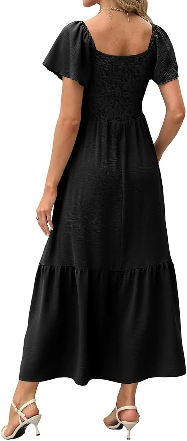 Womens Casual Summer Dress Square Neck Puff Sleeve Boho Midi Dress Swiss Dot Boho Flowy Sundress