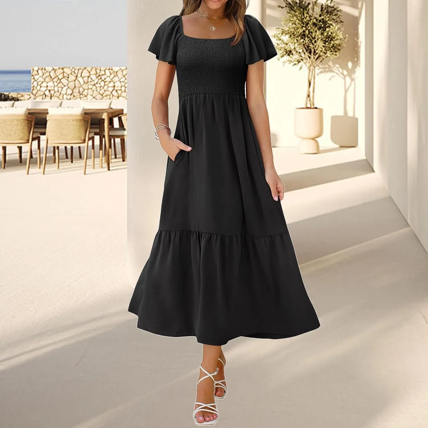 Womens Casual Summer Dress Square Neck Puff Sleeve Boho Midi Dress Swiss Dot Boho Flowy Sundress