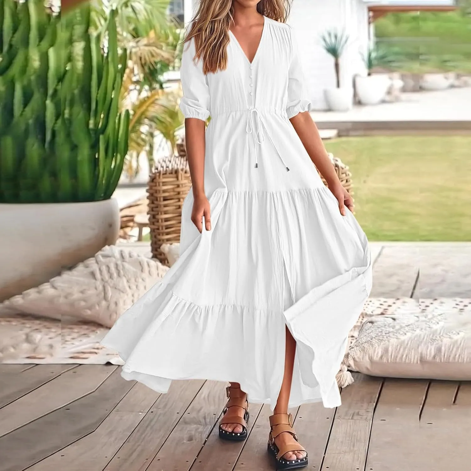 Women's Fall Maxi Dress V Neck Long Sleeve Tiered Ruffle Flowy A Line Cocktail Party Dresses