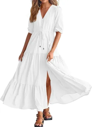 Women's Fall Maxi Dress V Neck Long Sleeve Tiered Ruffle Flowy A Line Cocktail Party Dresses