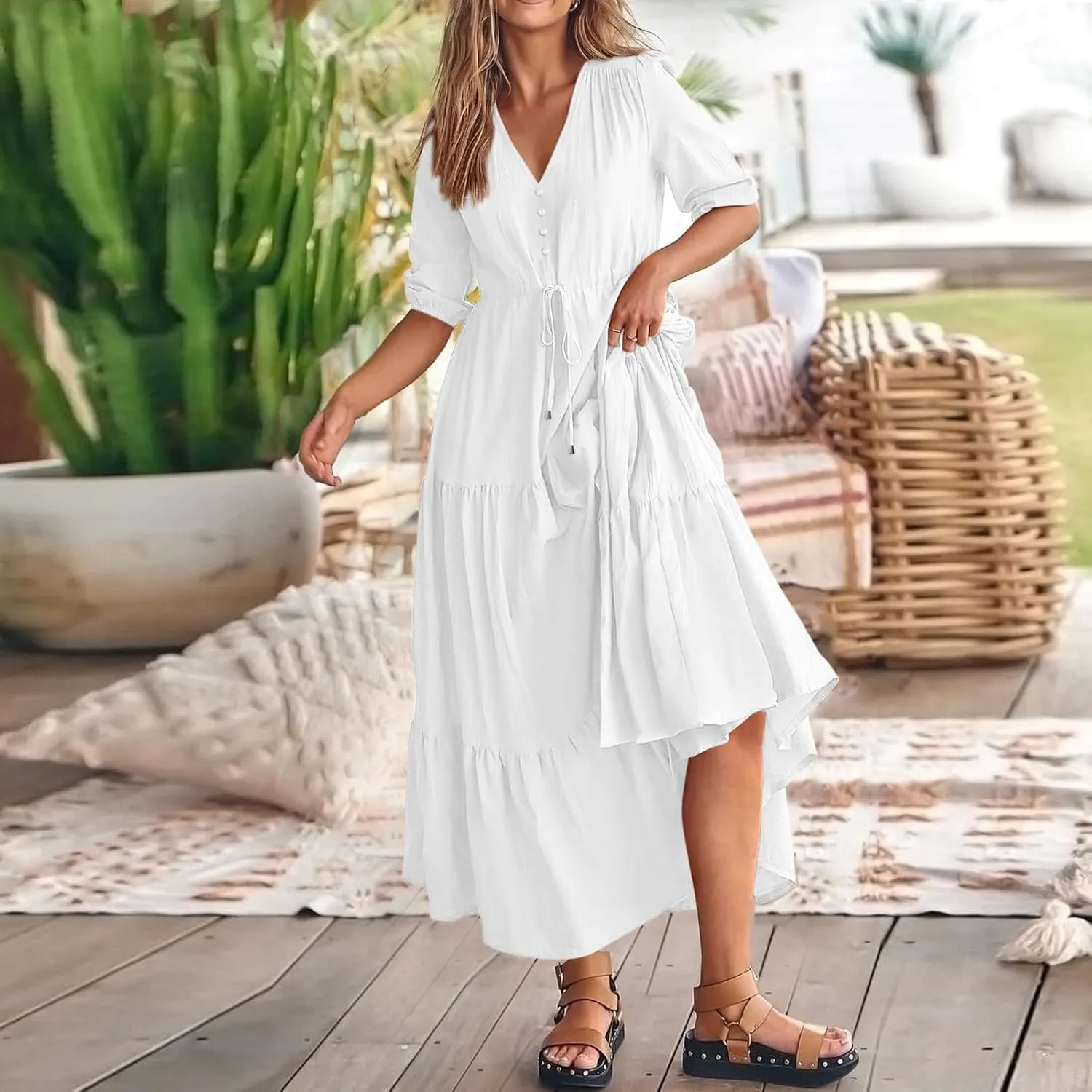 Women's Fall Maxi Dress V Neck Long Sleeve Tiered Ruffle Flowy A Line Cocktail Party Dresses