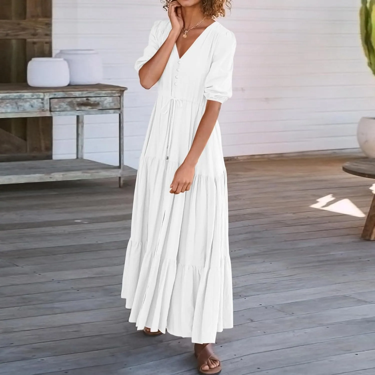 Women's Fall Maxi Dress V Neck Long Sleeve Tiered Ruffle Flowy A Line Cocktail Party Dresses