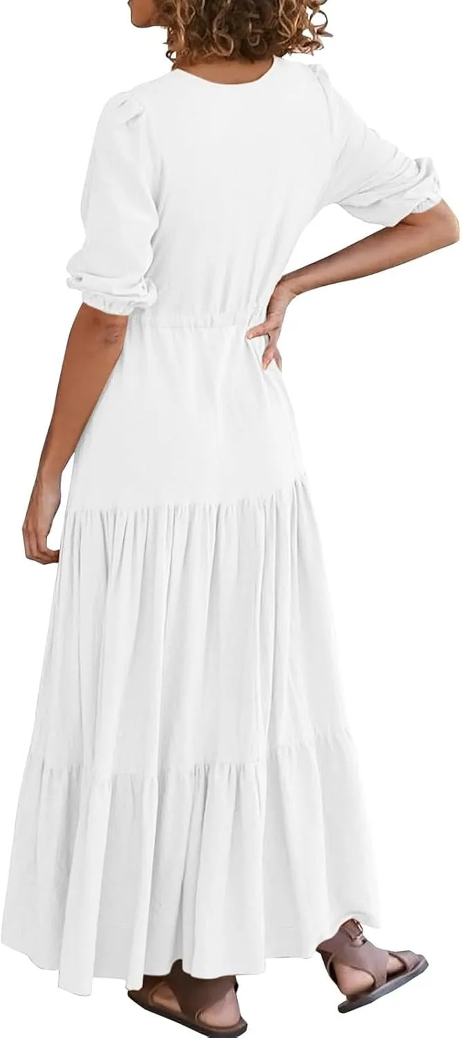 Women's Fall Maxi Dress V Neck Long Sleeve Tiered Ruffle Flowy A Line Cocktail Party Dresses
