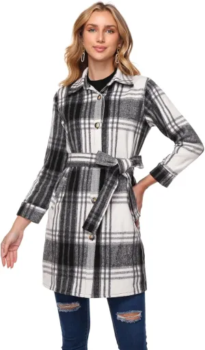 Women's Flannel Plaid Shacket Jacket Long Sleeve Button Down Shirts With Belt Tartan Trench Casual Coats Winter